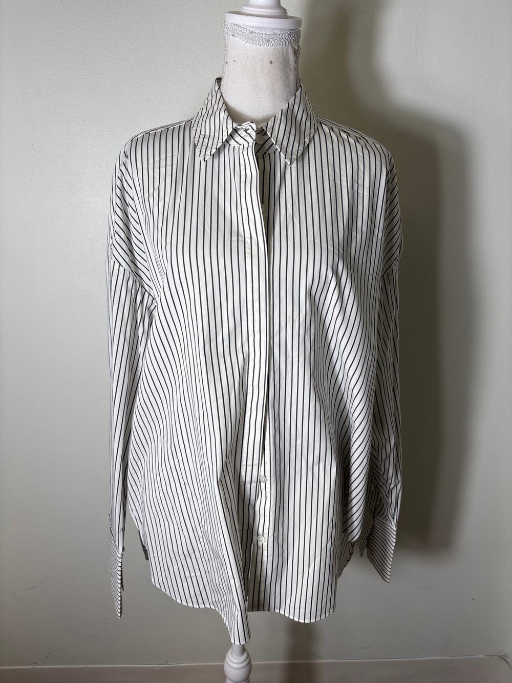 STAUD Off White Dark Gray Stripe Long Sleeve Cotton Button Up Shirt Sz S